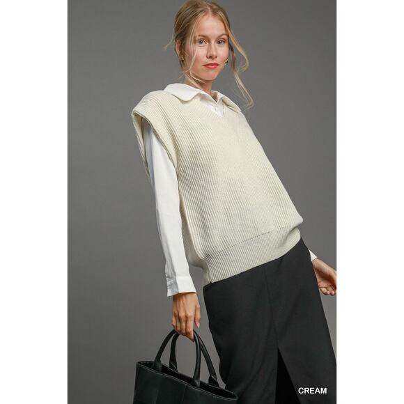 Umgee V-Neck Distinctive Shoulder Pad Detail Relaxed Fit Sweater Vest | Cream - Picture 2 of 6